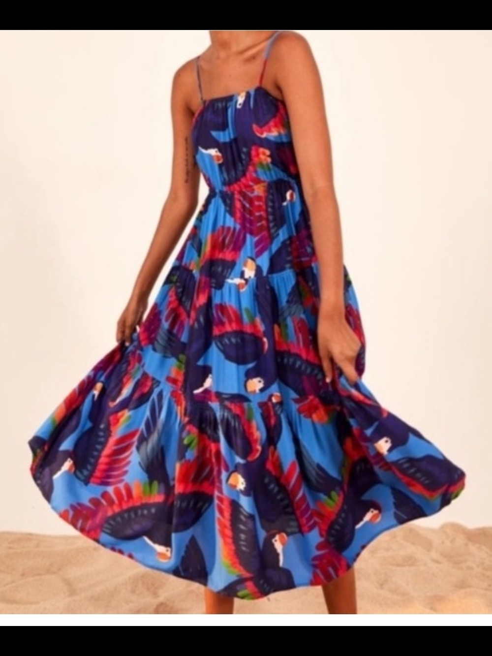 FARM Rio Medium Blue Tropical Bird-Print Spaghetti-Strap Midi Dress